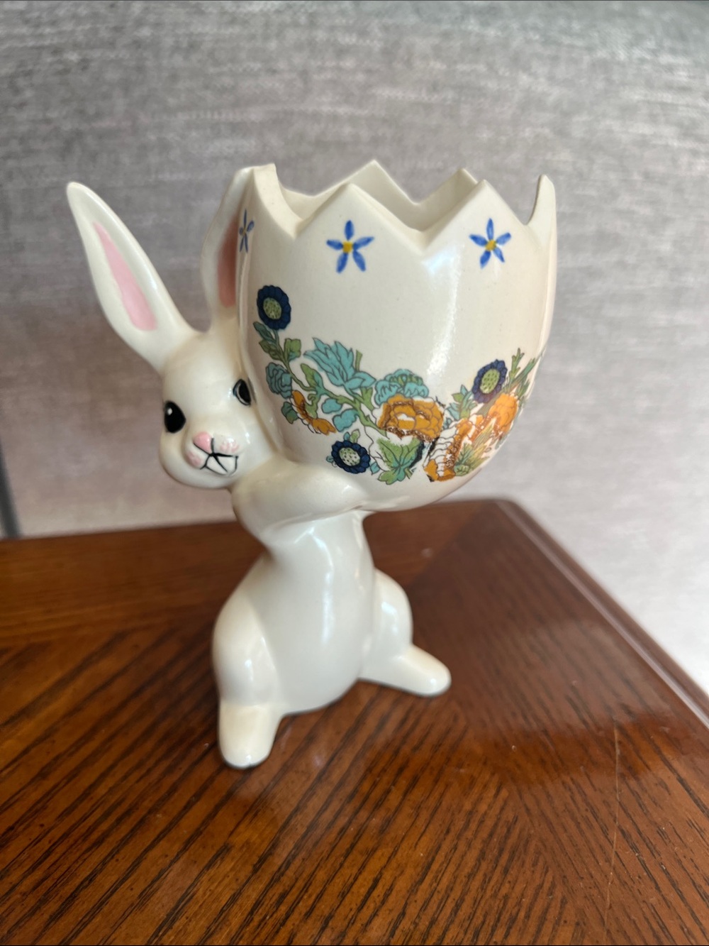 Vintage 1970s Ceramic Bunny Egg Planter with Floral Design